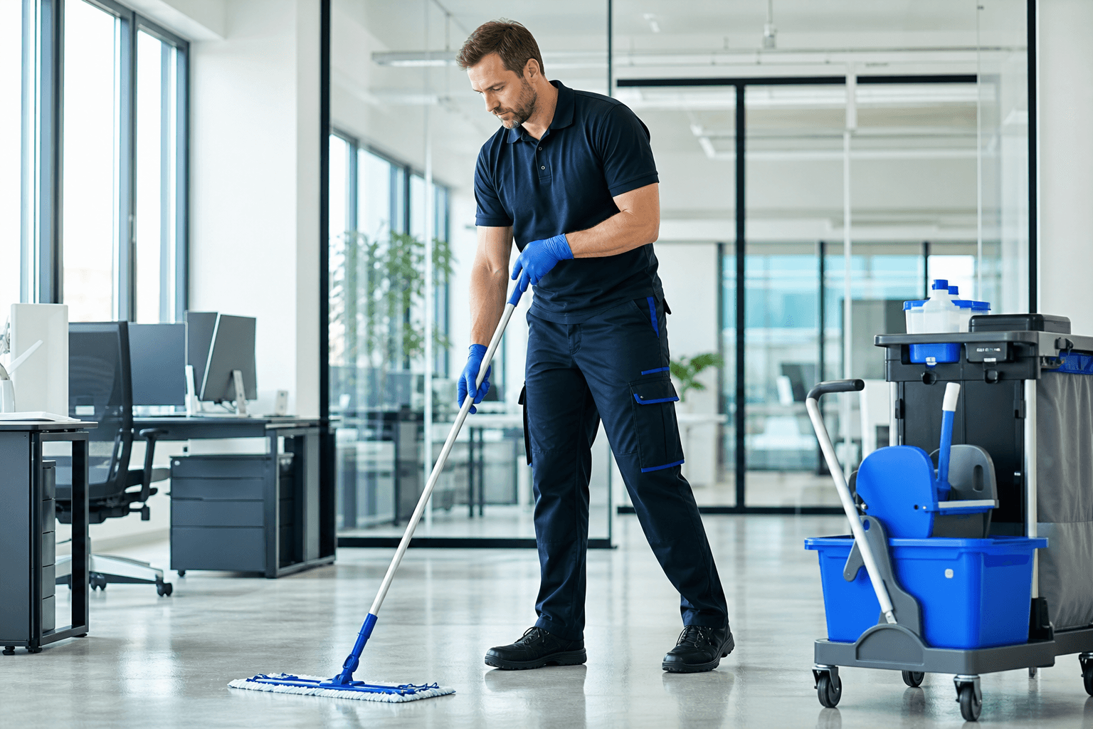 Professionelle Reinigung eines modernen Büroraums